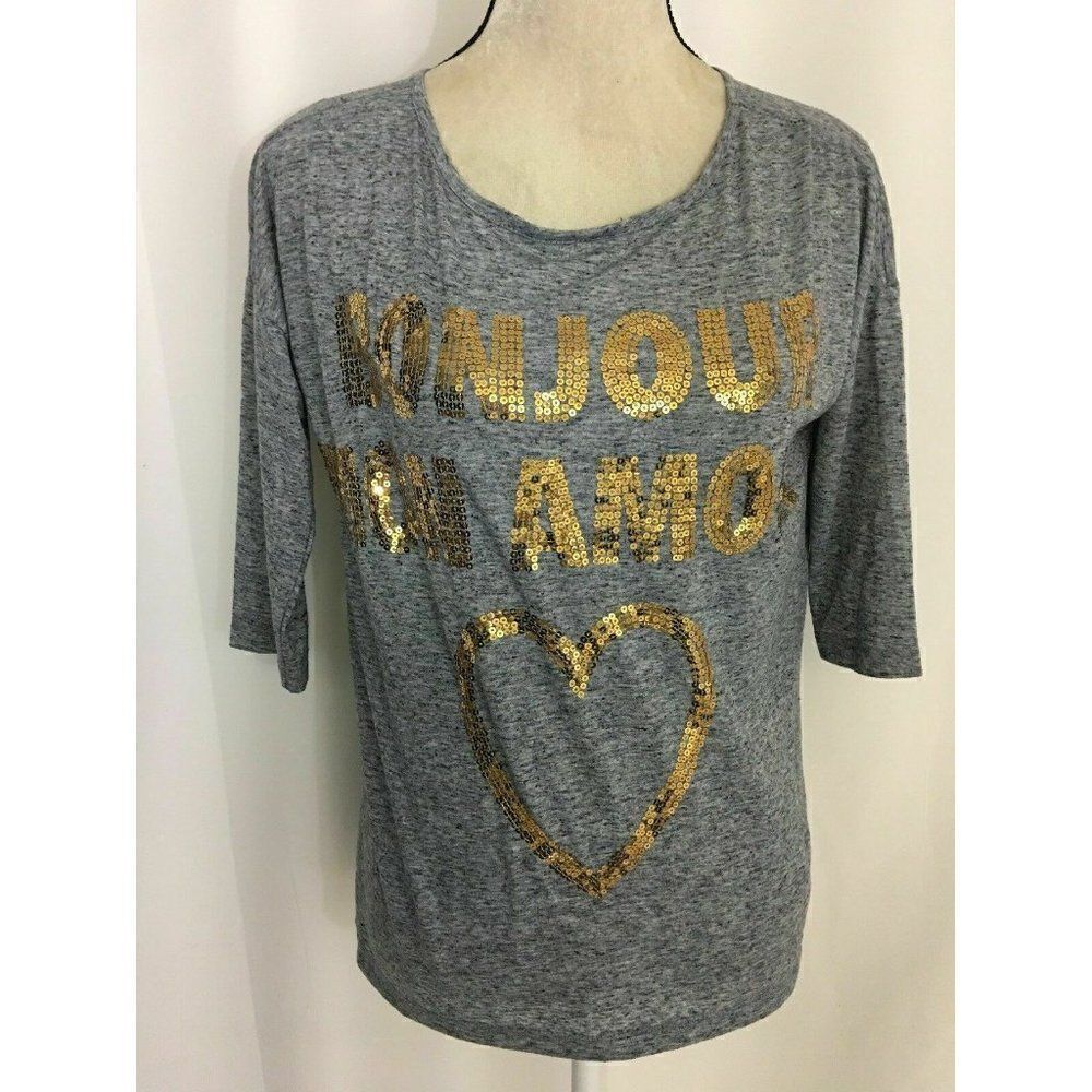 Reserved Womens Gray Gold Sequin Bonjour Mon Amour Heart Long Sleeve Top Small